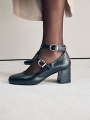 Black Forever Comfort® Round Toe Double Buckle Block Heel Shoes - Image 3 of 10