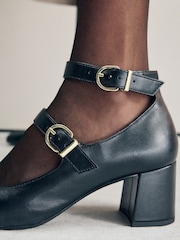 Black Forever Comfort® Round Toe Double Buckle Block Heel Shoes - Image 7 of 10