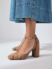 Camel Forever Comfort® Leather Round Toe Cut Out T-Bar Block Heel Shoes - Image 1 of 5