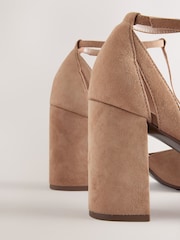 Camel Suede Leather Round Toe Cut Out T-Bar Block Heel Shoes - Image 10 of 10