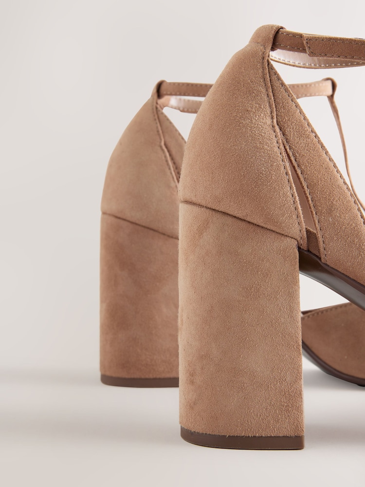 Camel Suede Leather Round Toe Cut Out T-Bar Block Heel Shoes - Image 10 of 10 Camel Suede Leather Round Toe Cut Out T-Bar Block Heel Shoes - Image 10 of 10