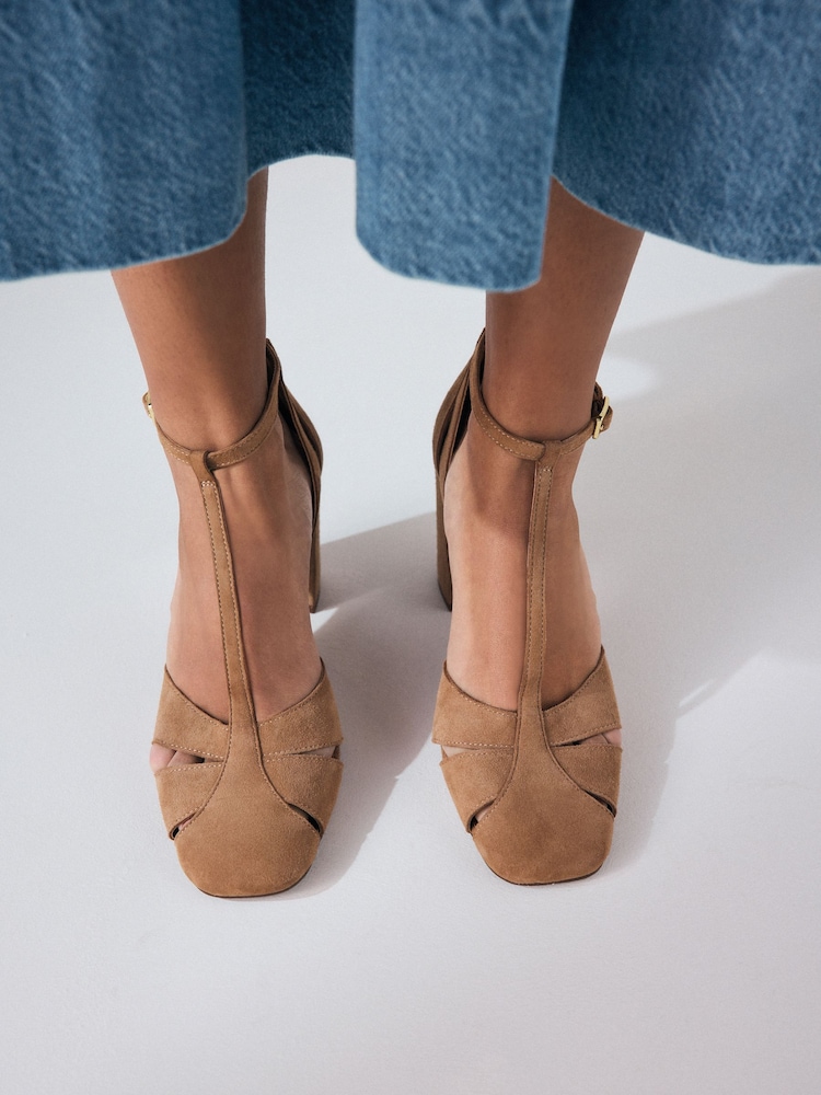 Camel Forever Comfort® Leather Round Toe Cut Out T-Bar Block Heel Shoes - Image 5 of 5
