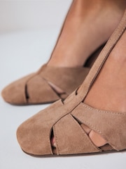 Camel Suede Leather Round Toe Cut Out T-Bar Block Heel Shoes - Image 6 of 10