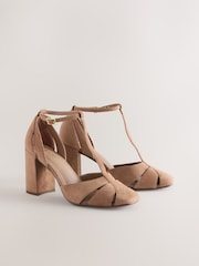 Camel Suede Leather Round Toe Cut Out T-Bar Block Heel Shoes - Image 7 of 10