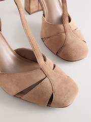 Camel Suede Leather Round Toe Cut Out T-Bar Block Heel Shoes - Image 9 of 10