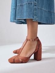 Rust Brown Forever Comfort® Leather Round Toe Cut Out T-Bar Block Heel Shoes - Image 1 of 10