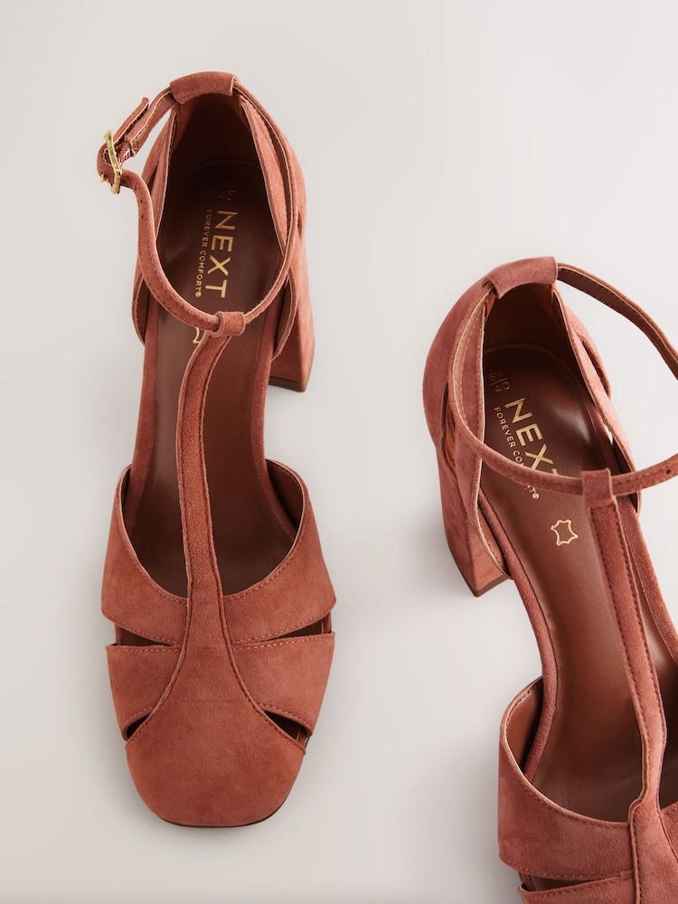 Rust Brown Forever Comfort® Leather Round Toe Cut Out T-Bar Block Heel Shoes - Image 10 of 10
