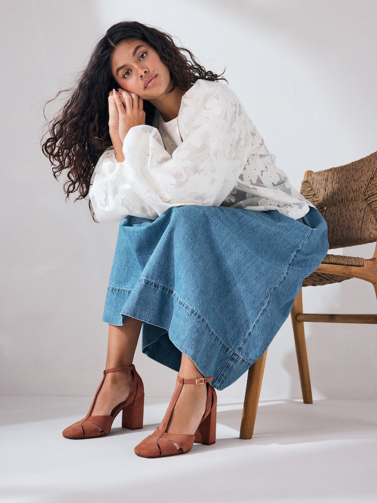 Rust Brown Forever Comfort® Leather Round Toe Cut Out T-Bar Block Heel Shoes - Image 2 of 10