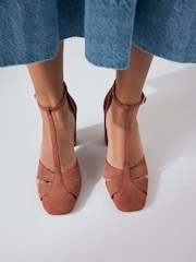 Rust Brown Forever Comfort® Leather Round Toe Cut Out T-Bar Block Heel Shoes - Image 3 of 10