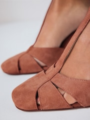 Rust Brown Forever Comfort® Leather Round Toe Cut Out T-Bar Block Heel Shoes - Image 4 of 10