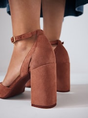 Rust Brown Forever Comfort® Leather Round Toe Cut Out T-Bar Block Heel Shoes - Image 5 of 10