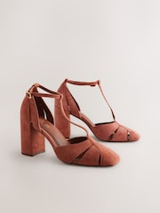 Rust Brown Forever Comfort® Leather Round Toe Cut Out T-Bar Block Heel Shoes - Image 6 of 10