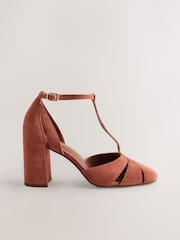 Rust Brown Forever Comfort® Leather Round Toe Cut Out T-Bar Block Heel Shoes - Image 7 of 10