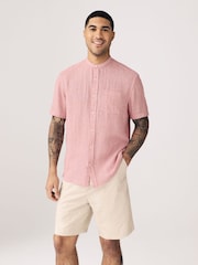 Pink Grandad Collar Cotton Linen Blend Short Sleeve Shirt - Image 1 of 4
