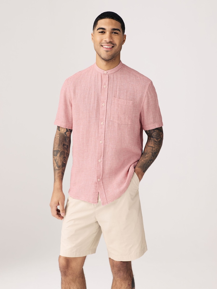 Pink Grandad Collar Cotton Linen Blend Short Sleeve Shirt - Image 1 of 4
