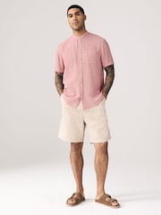 Pink Grandad Collar Cotton Linen Blend Short Sleeve Shirt - Image 3 of 4