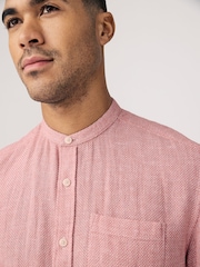 Pink Grandad Collar Cotton Linen Blend Short Sleeve Shirt - Image 4 of 4