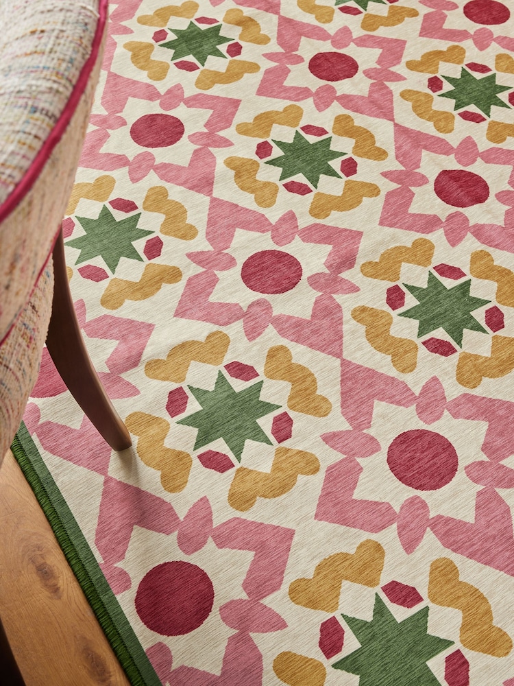 Pink Washable Geometric Tile Rug - Image 3 of 4