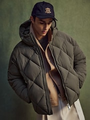 Reiss Khaki Green Fraser Monogram Quilted Puffer Jacket with Hood - Image 1 of 11
