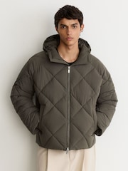 Reiss Khaki Green Fraser Monogram Quilted Puffer Jacket with Hood - Image 10 of 11