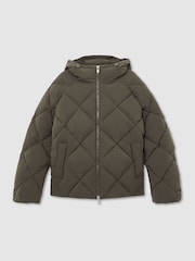 Reiss Khaki Green Fraser Monogram Quilted Puffer Jacket with Hood - Image 2 of 11