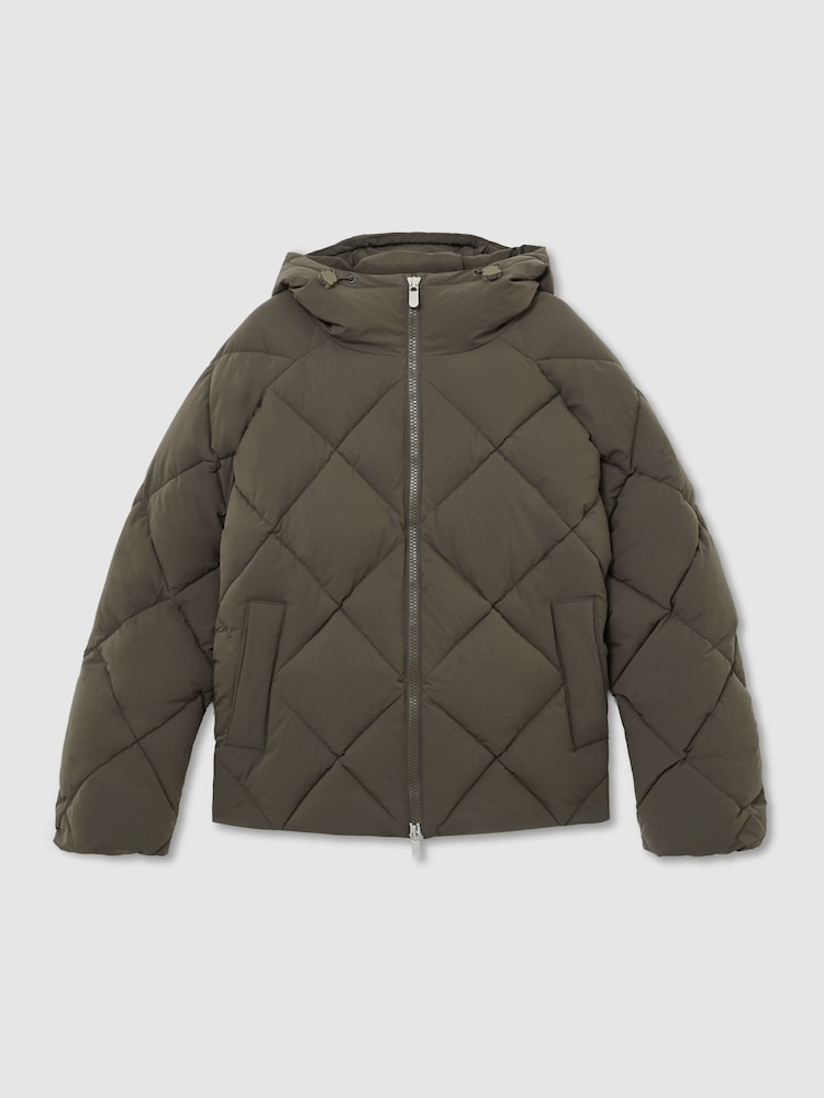 Reiss Khaki Green Fraser Monogram Quilted Puffer Jacket with Hood - Image 2 of 11