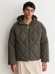 Reiss Khaki Green Fraser Monogram Quilted Puffer Jacket with Hood - Image 3 of 11