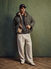Reiss Khaki Green Fraser Monogram Quilted Puffer Jacket with Hood - Image 4 of 11