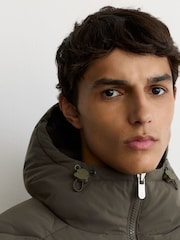 Reiss Khaki Green Fraser Monogram Quilted Puffer Jacket with Hood - Image 5 of 11