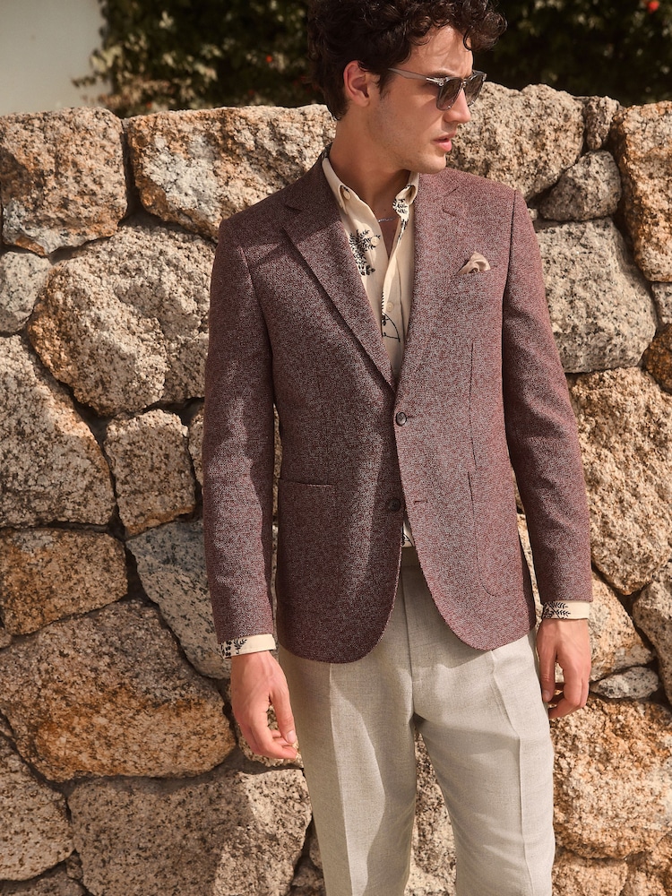 Rust Brown Slim Fit Nova Fides Italian Fabric Textured Cotton Blend Blazer - Image 1 of 7