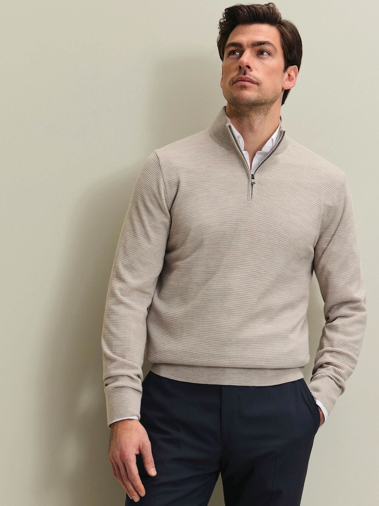 Charles Tyrwhitt Natural Limestone Pure Merino Texture Zip Neck Jumper - Image 1 of 5
