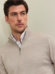Charles Tyrwhitt Natural Limestone Pure Merino Texture Zip Neck Jumper - Image 2 of 5