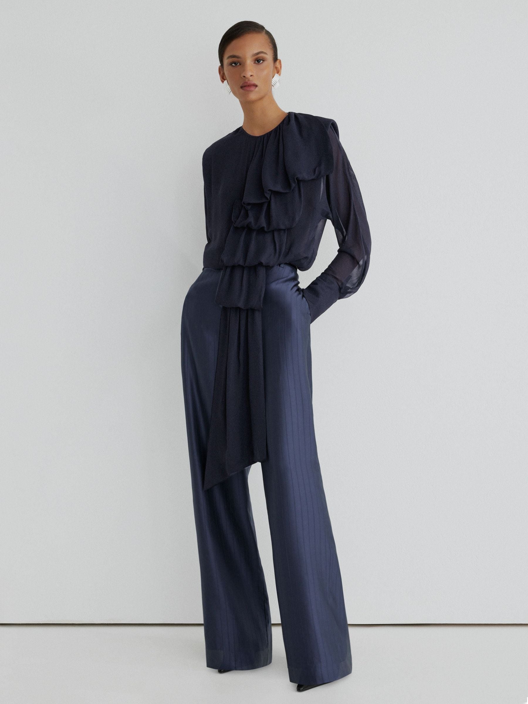 Atelier Sheer Draped Ruffle-detail Blouse In Blue