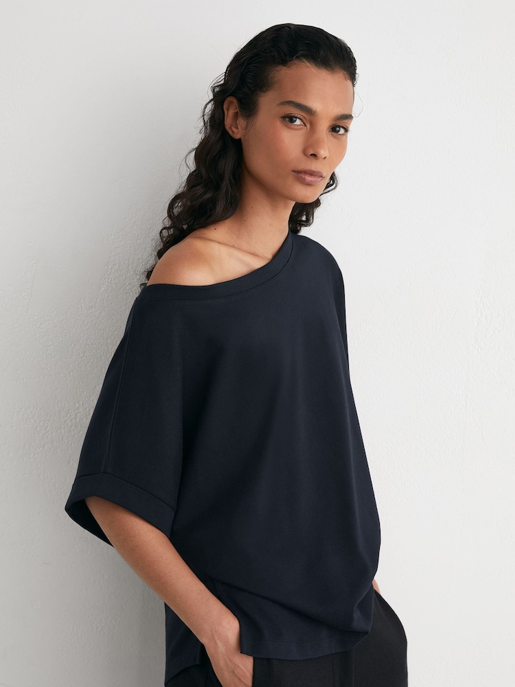 Reiss Navy Sia Cotton Wide-Neck Relaxed-Fit T-Shirt - Image 1 of 5 Reiss Navy Sia Cotton Wide-Neck Relaxed-Fit T-Shirt - Image 1 of 5