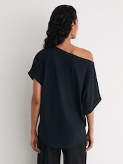 Reiss Navy Sia Cotton Wide-Neck Relaxed-Fit T-Shirt - Image 4 of 5