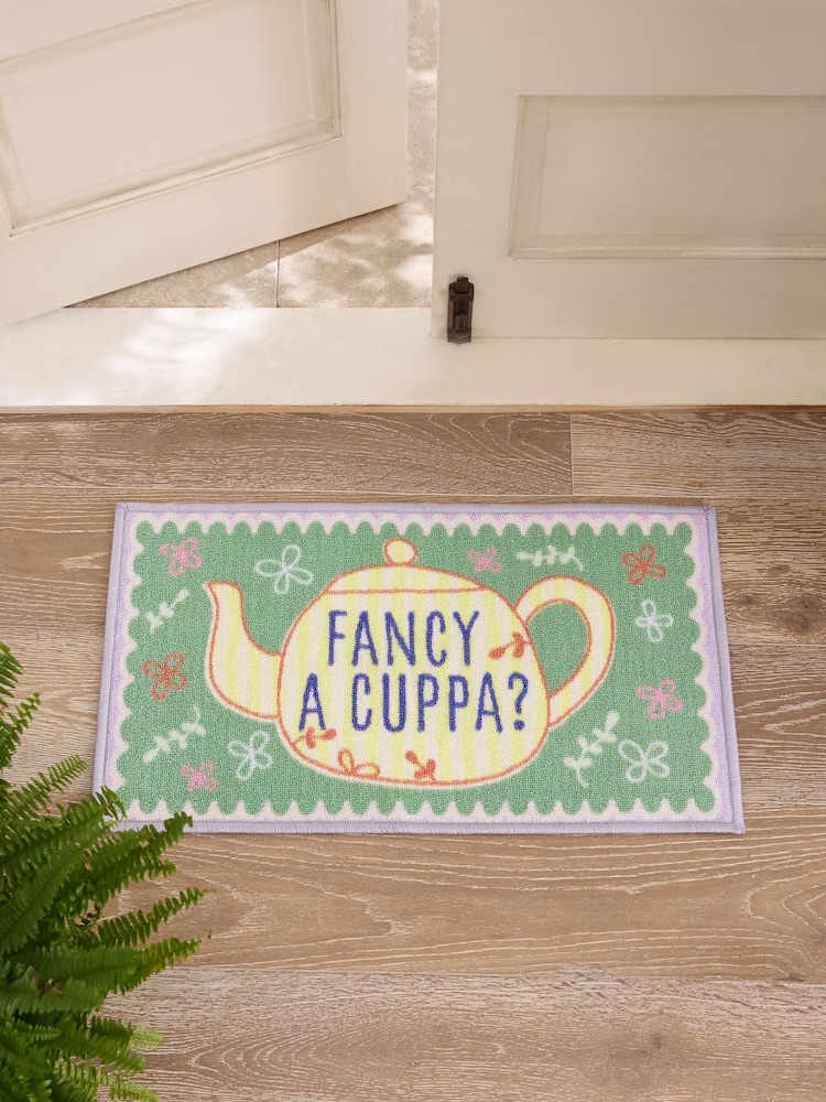 Sage Green Washable Fancy A Cuppa Doormat - Image 1 of 3