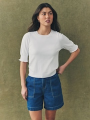 White Ecru Short Sleeve Crew Neck T-Shirt With Frill Edge Detail - Image 1 of 6