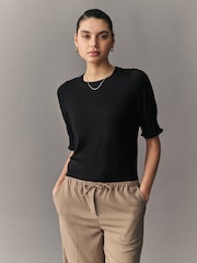 Negro - Short Sleeve Crew Neck T-Shirt With Frill Edge Detail - Imagen 1 de 7