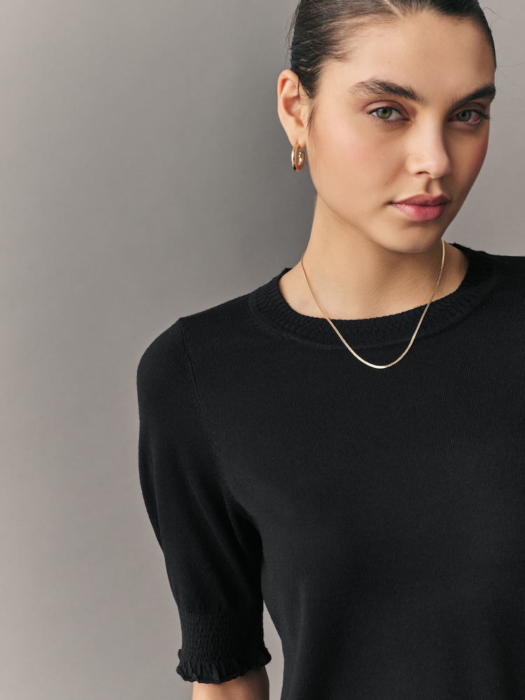 Black Short Sleeve Crew Neck T-Shirt With Frill Edge Detail - Image 4 of 7