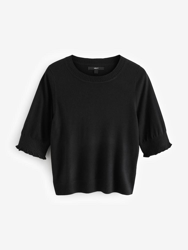 Black Short Sleeve Crew Neck T-Shirt With Frill Edge Detail - Image 5 of 7