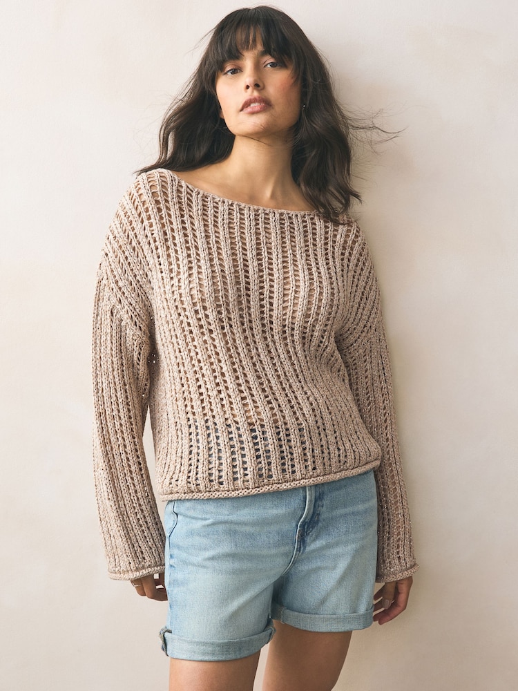 Gold Champagne Stitchy Off The Shoulder Flare Sleeve Jumper - Image 1 of 7