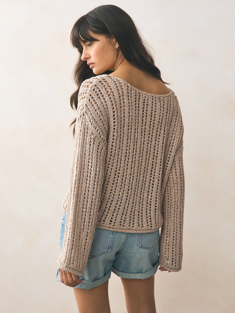 Gold Champagne Stitchy Off The Shoulder Flare Sleeve Jumper - Image 2 of 7