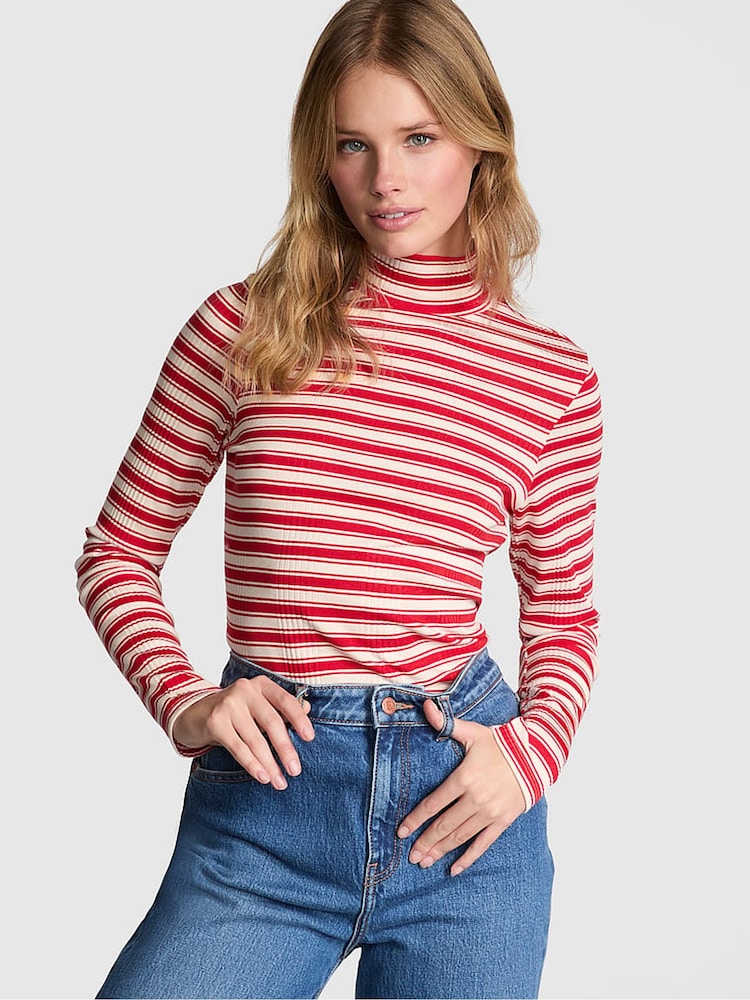 Victoria's Secret PINK Red Pepper Stripe Ribbed Long Sleeve T-Shirt - Image 1 of 3