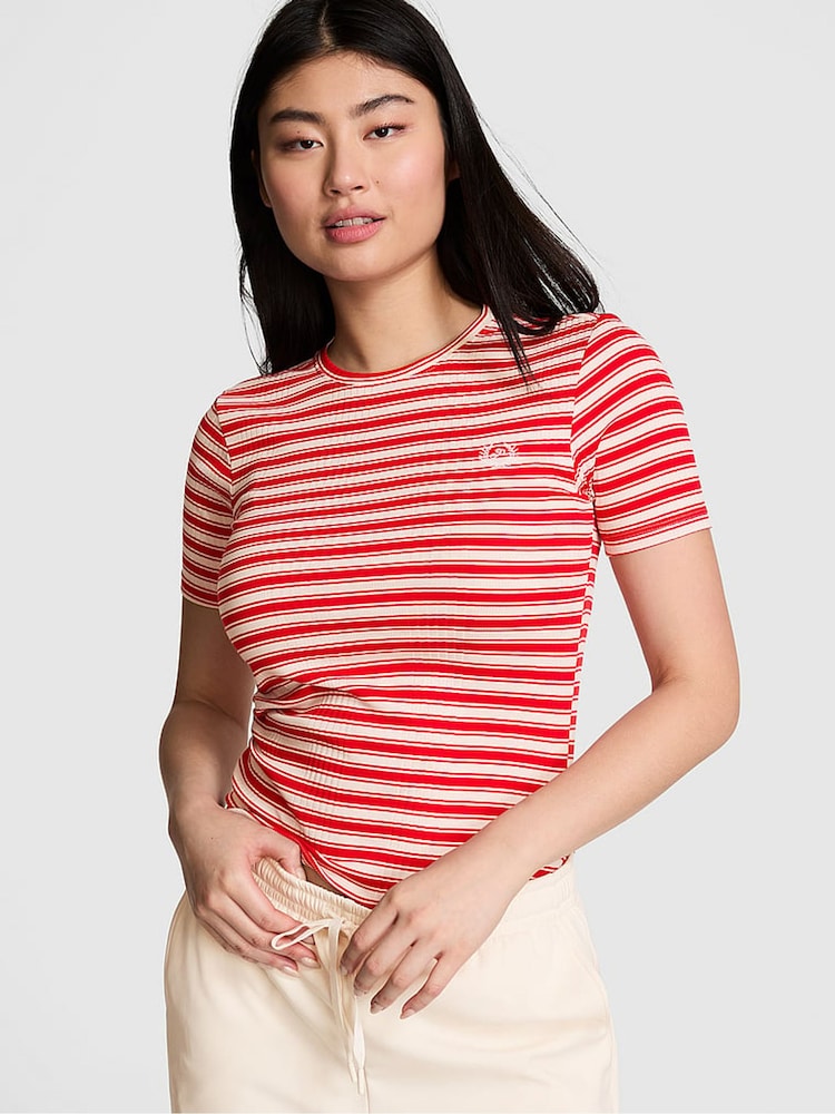 Victoria's Secret PINK Red Pepper Stripe Ribbed Short Sleeve T-Shirt - Image 1 of 3