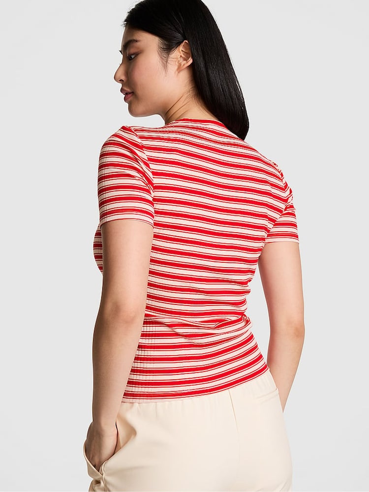Victoria's Secret PINK Red Pepper Stripe Ribbed Short Sleeve T-Shirt - Image 2 of 3