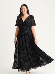 Scarlett & Jo Black Isabelle Chinoise Flock Angel Sleeve Maxi Dress - Image 1 of 4