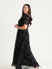 Scarlett & Jo Black Isabelle Chinoise Flock Angel Sleeve Maxi Dress - Image 3 of 4