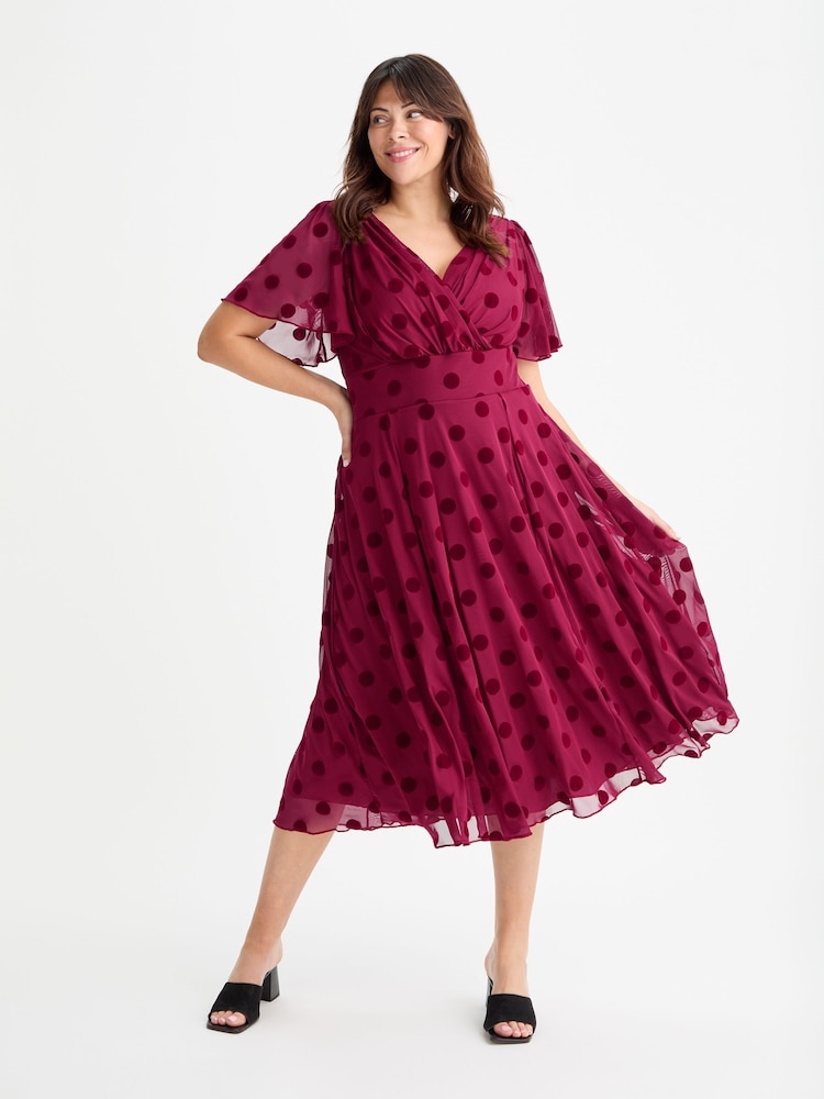 Scarlett & Jo Wine Victoria Flock Spot Angel Sleeve Mesh Midi long Dress - Image 1 of 4 Scarlett & Jo Wine Victoria Flock Spot Angel Sleeve Mesh Midi long Dress - Image 1 of 4