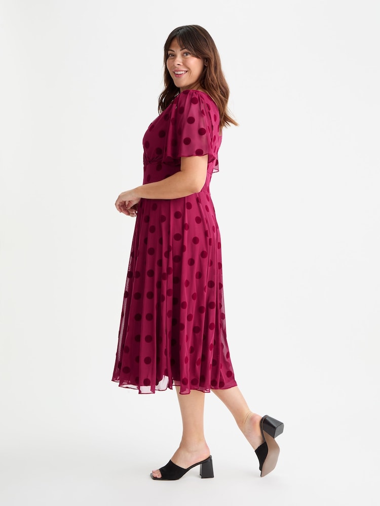 Scarlett & Jo Wine Victoria Flock Spot Angel Sleeve Mesh Midi long Dress - Image 3 of 4