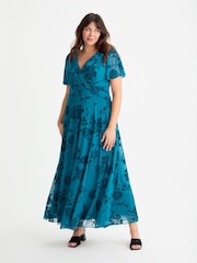 Scarlett & Jo Blue Isabelle Chinoise Flock Angel Sleeve Maxi Dress - Image 1 of 4